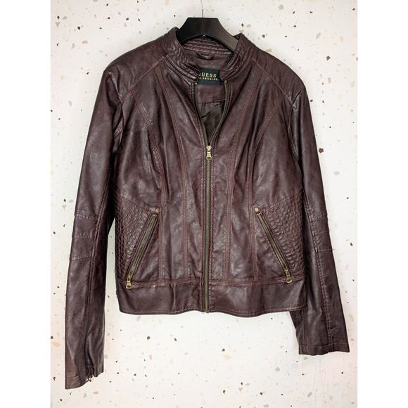 Guess Vegan Merlot Wine Colored Moto Biker Jacket Faux Leather Size XL - Picture 1 of 9